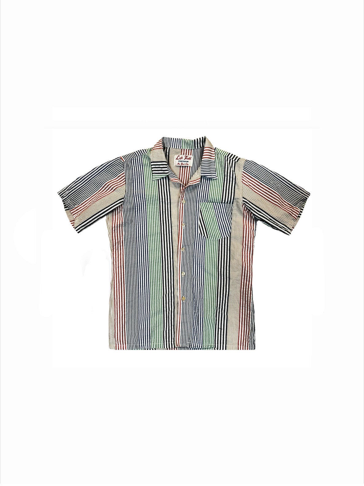 A short-sleeve button-up shirt with vertical stripes in blue, green, red, and beige, laid flat against a white background. A short-sleeve button-up shirt with vertical stripes in blue, green, red, and beige, laid flat against a white background.