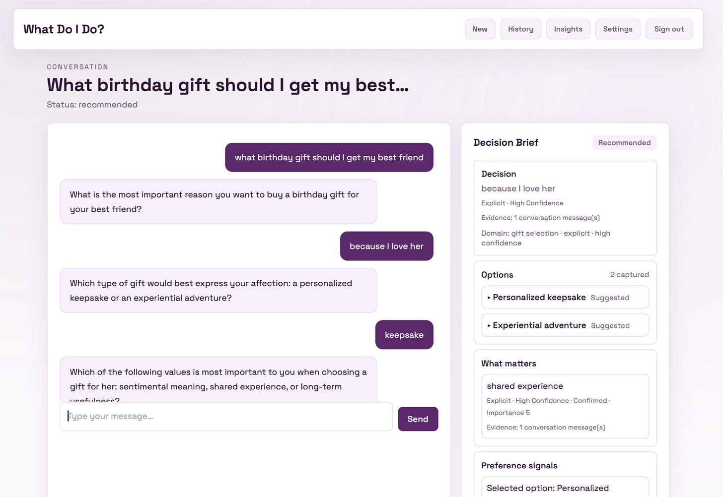 Screenshot of a decision-making tool discussing birthday gift options for a best friend, featuring a conversation interface with questions and suggested gift types.