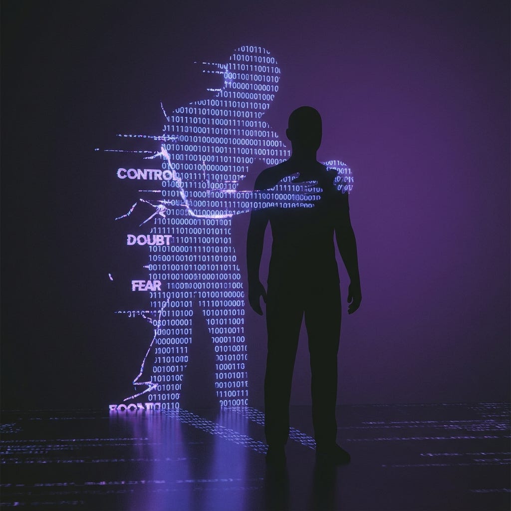 A human figure being embraced by a digital shadow representing an AI companion.