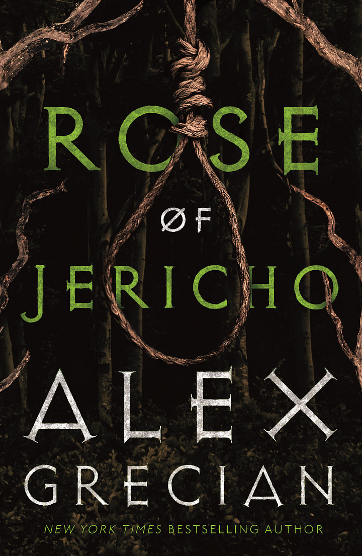 Covers of Rose of Jericho (a noose hanging in the woods) and The Proof Compendium (Proof surrounded by the book's other characters).