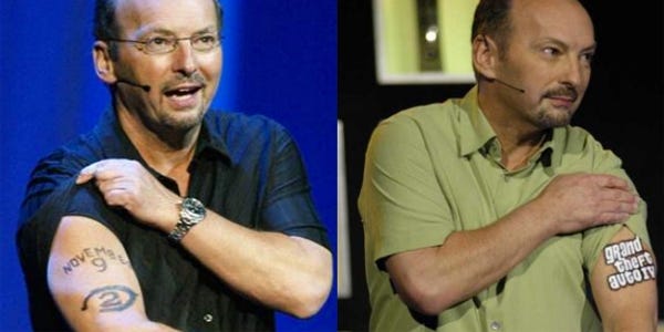 Peter Moore with a Halo 2 and GTA 4 tattoo