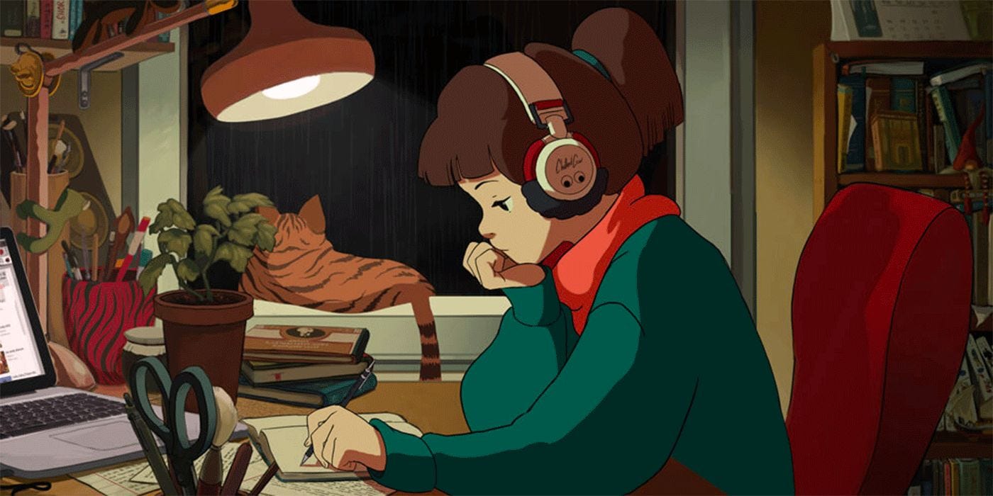 Lofi Girl studies in a green sweater and headphones as her tiger cat sits in the window.