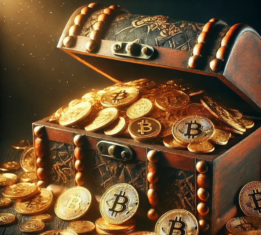 A treasure chest filled with gold coins and Bitcoin tokens, glowing under a mysterious light. The chest is old and wooden, with intricate golden details. Some coins are spilling onto the ground, reflecting the light. No dollar symbols or dollar coins present—only gold coins and Bitcoin tokens. The background is dark and mysterious, adding a sense of adventure and mystery.