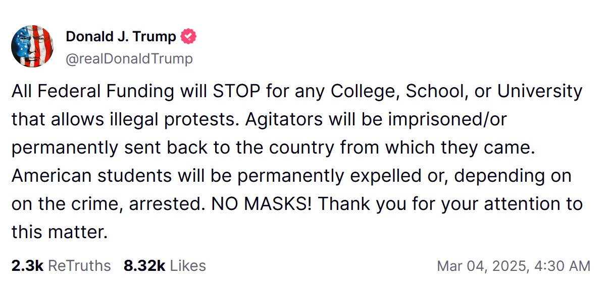 Jade Elliott on X: "JUST IN: President Trump announced that all federal funding will stop for colleges and schools that allow "illegal" protests READ MORE: https://t.co/aiHtrOOgAy https://t.co/Pkly6yqBU5" / X Jade Elliott on X: "JUST IN: President Trump announced that all federal funding will stop for colleges and schools that allow "illegal" protests READ MORE: https://t.co/aiHtrOOgAy https://t.co/Pkly6yqBU5" / X