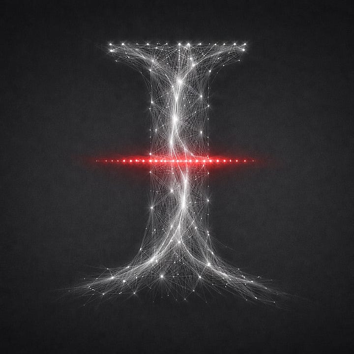 Four square abstract images on dark backgrounds, each showing a luminous, branching white form resembling a vertically oriented column or hourglass made of fine, thread-like lines and points of light; in each image, small red glowing elements appear in different positions along or near the form, creating subtle variations across the set.