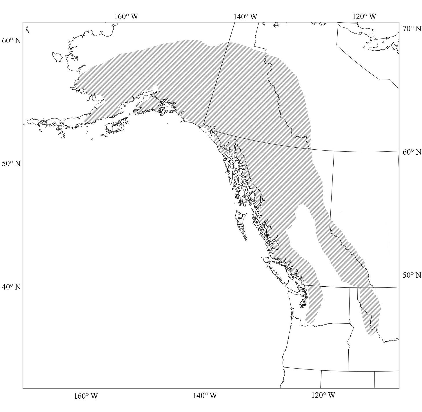 Map of northwest North America with hoary marmot range shaded. Map of northwest North America with hoary marmot range shaded.