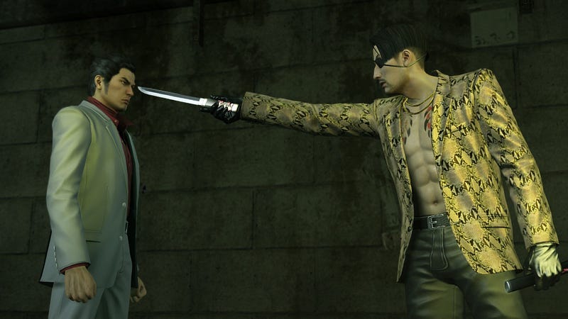 A screenshot of Majima challenging Kiryu A screenshot of Majima challenging Kiryu