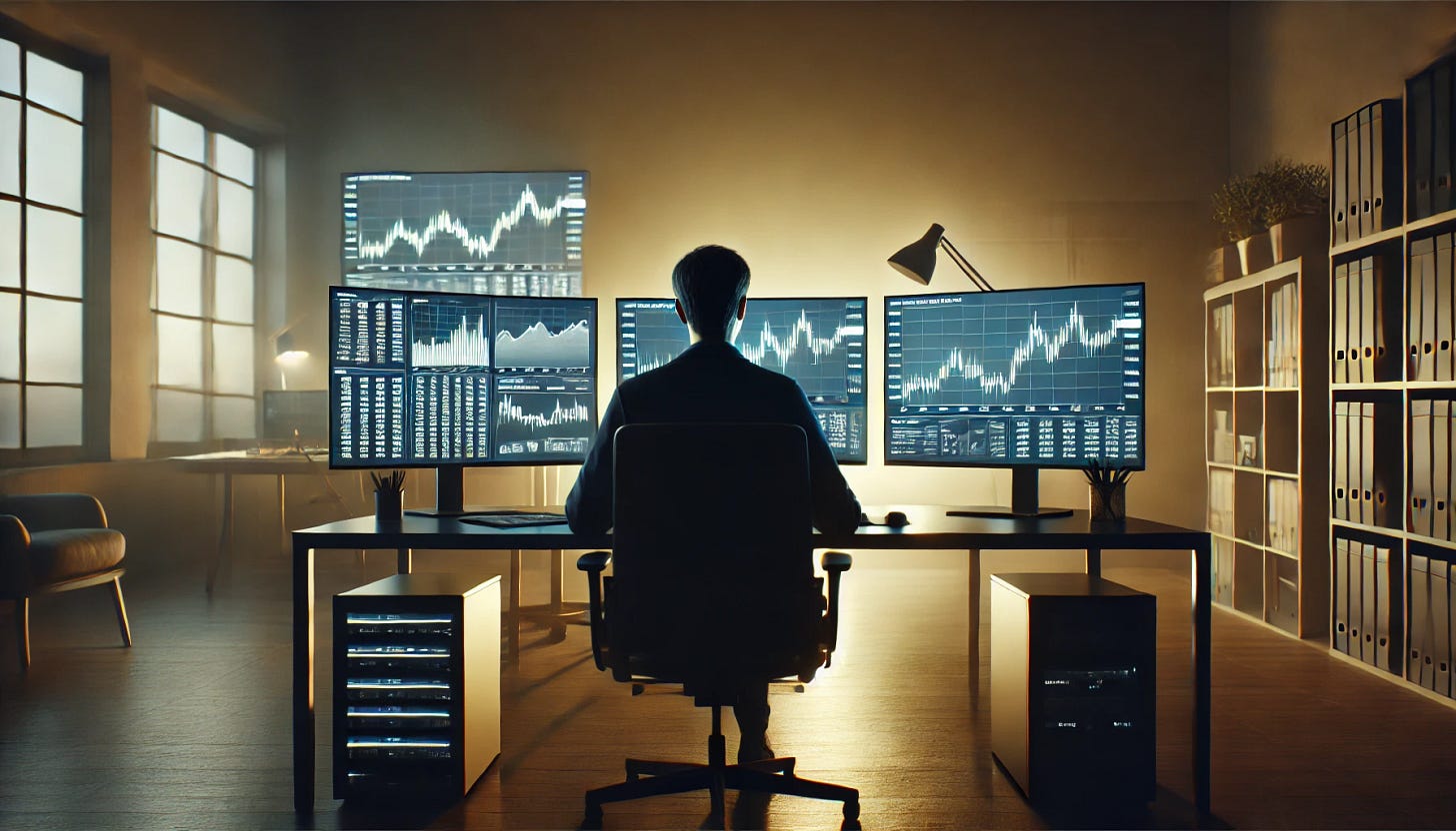 A photorealistic image of a person in an ambient, dimly lit room with fewer computer screens, showing only two or three monitors displaying market analytics and stock charts. The person is seated at a desk, focused on their work, with financial data and graphs visible. The background is subtle, with a clean and organized workspace. The lighting is soft, creating a calm and analytical atmosphere.