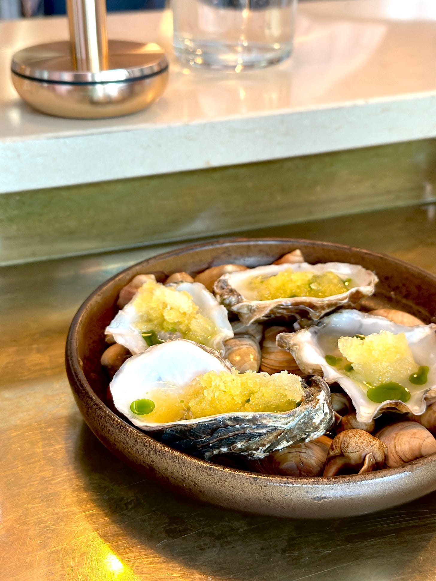 Rossmore oysters with blood orange granita and fennel oil at Goldie, Cork