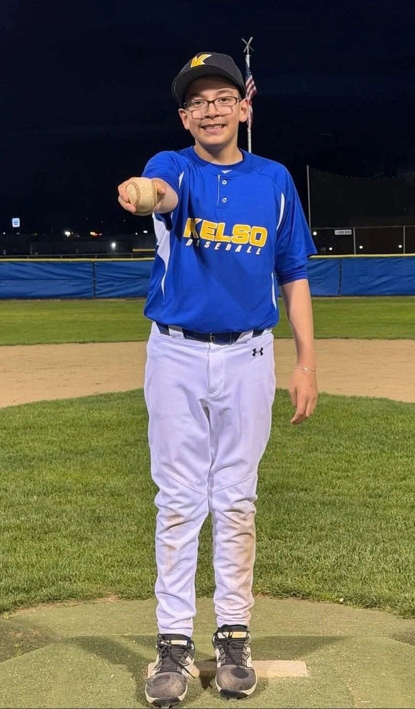 Mateo Samora shows off his homerun ball after a 16-3 win for Wagner Orthodontics over Aquafix. Samora is batting .833 with eight extra base hits and 13 RBI's already on the season