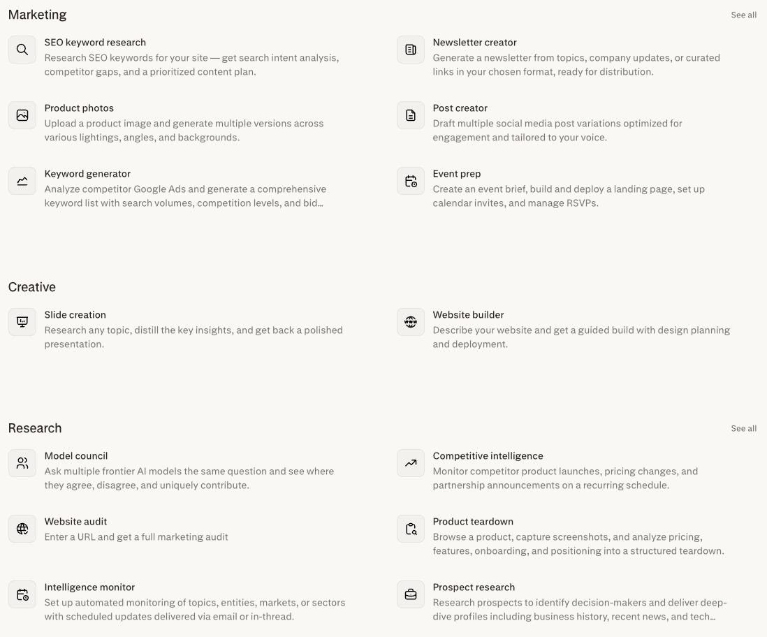 Perplexity Computer workflow templates for marketing, creative, research, product, and newsletter automation