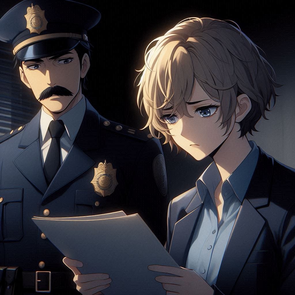 A young woman with short blonde hair who wears a navy suit and a light blue button up shirt looking depressed as she reads police files in a dark room with a concerned looking cop who has a think black mustache in the background. anime art style. dark. modern. A young woman with short blonde hair who wears a navy suit and a light blue button up shirt looking depressed as she reads police files in a dark room with a concerned looking cop who has a think black mustache in the background. anime art style. dark. modern.