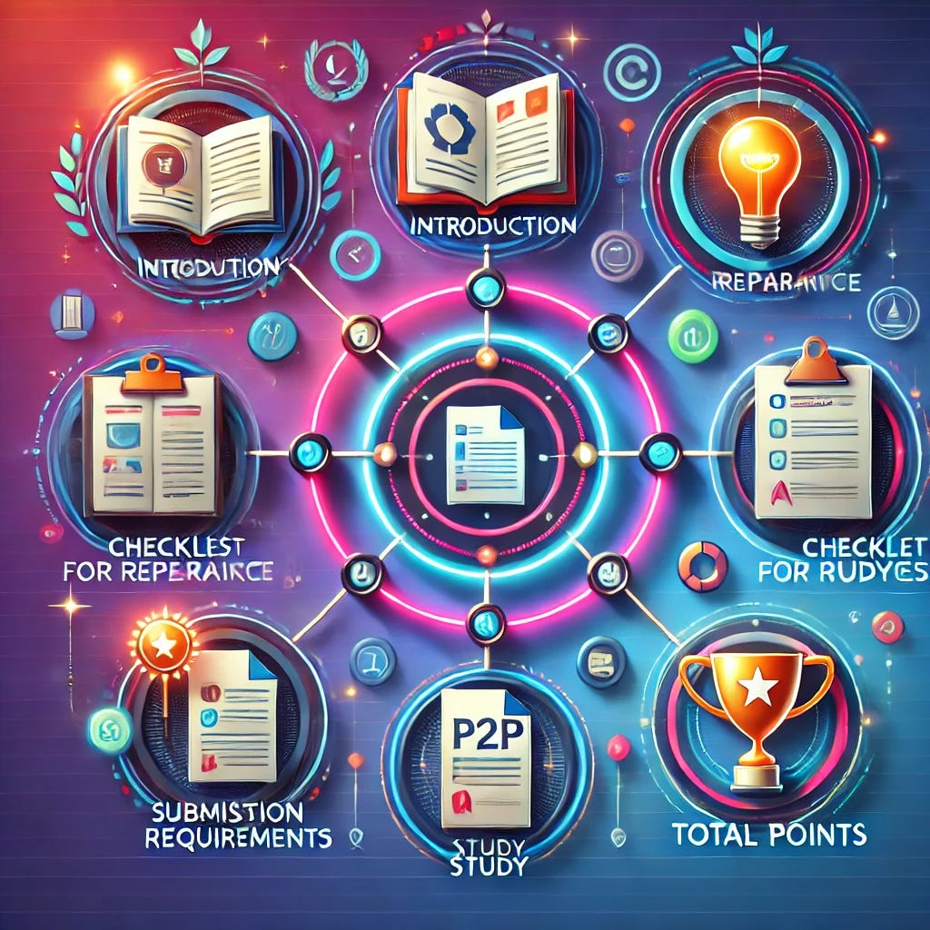A visually engaging and educational illustration titled 'The Anatomy of a P2P Assignment.' The design features a diagram with distinct sections representing the key components: an open book for introduction, a checklist for preparation, a glowing folder for resources, a light bulb for study, a document for submission requirements, and a trophy for total points. Each section is connected in a circular flow with arrows, emphasizing the process. The background is vibrant with a gradient of blues and purples, accented with digital-style graphics and subtle sparkles, giving a modern and professional look. The design is clean, colorful, and exciting, highlighting the structure of a P2P assignment.