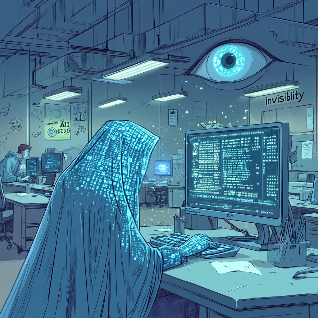 Alt text: A cartoon office worker hunches over a computer, wearing a semi-transparent cloak covered in glowing binary code. Above, a comically large manager's eye looms suspiciously. The worker types frantically while other employees in the background use AI tools discreetly. A "No AI" poster is partially visible, adding to the satirical office scene.