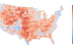 A map of political partisanship in the United States of America as revealed by colocation data from Meta. Darker colors indicate counties where there is little mixing in physical space between Republicans and Democrats.