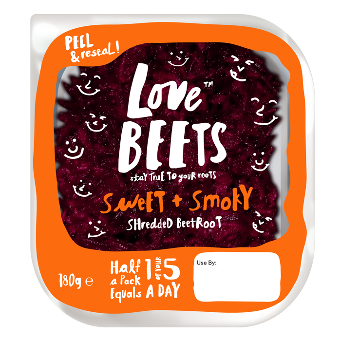 Love Beets stay true to your roots sweet and smoky shredded beetroot half a pack equals one of your five a day. Orange border around the edge. 