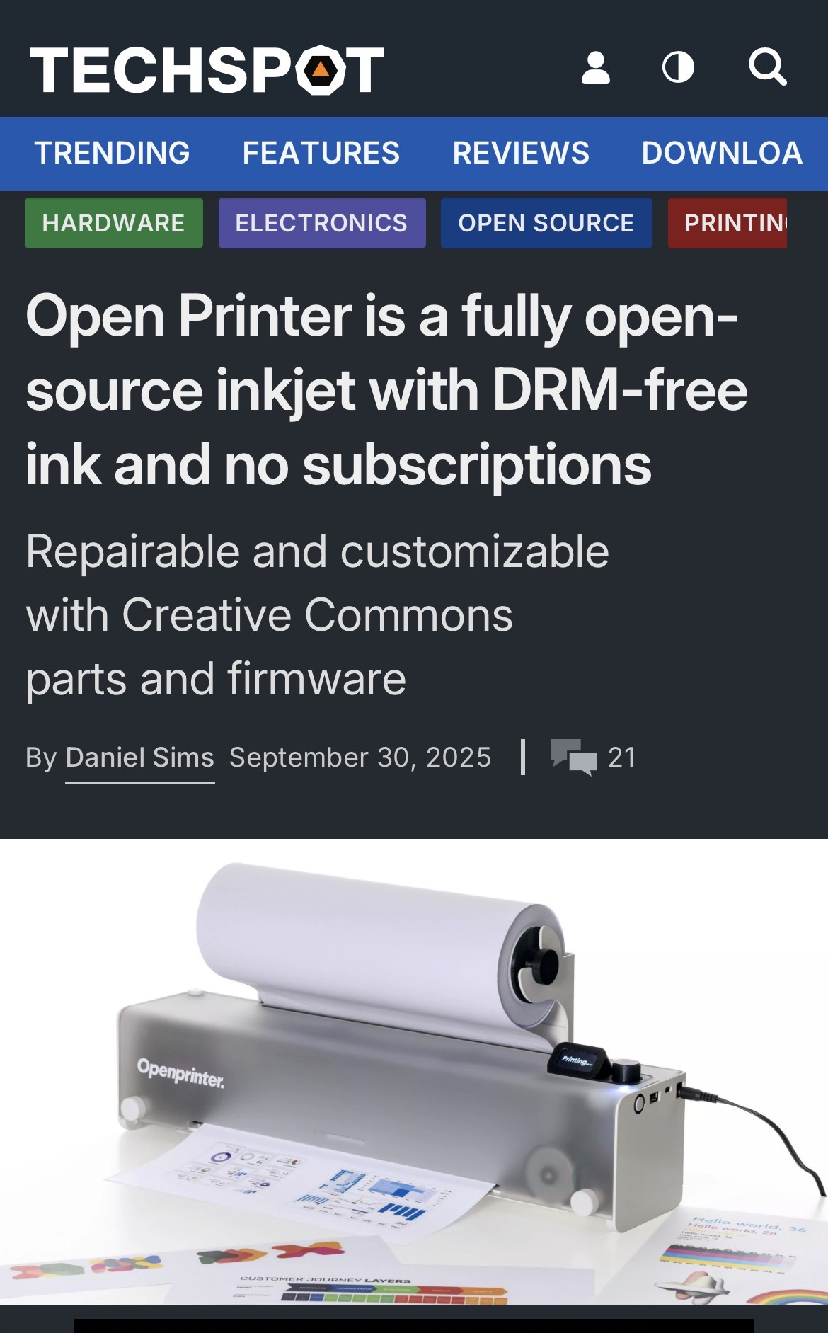 r/tech_x - Open Printer is a fully open-source inkjet with DRM-free ink and no subscriptions.