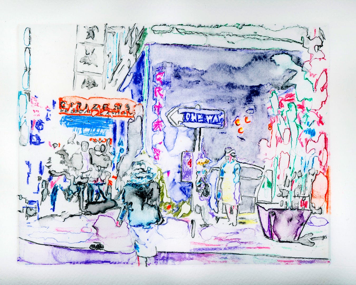 watercolor monotype - washy areas of purple, orange, red, pink and green depict a street corner watercolor monotype - washy areas of purple, orange, red, pink and green depict a street corner