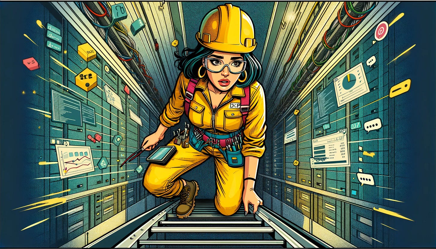 A comic book-style illustration of a female data engineer wearing a yellow safety helmet, seen from a top-down perspective. She is climbing a metal ladder and struggling, with one hand slipping slightly and a determined yet slightly panicked expression on her face. Her outfit includes a work jumpsuit with a techy twist – pockets with tools like USB drives, cables, and a tablet clipped to her belt. Around her are scattered digital elements like floating code snippets, data icons, and charts, giving a whimsical feel. The scene uses flat, vibrant colors with bold black outlines in classic comic book style. The setting appears industrial-tech, like a data center or server room, blending technical and construction vibes. The 3:2 composition emphasizes the vertical drop below her, enhancing the drama and humor of the moment.