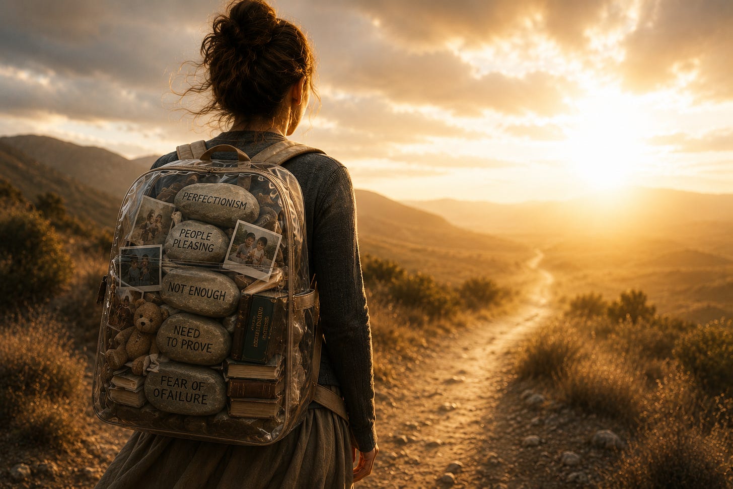 Hero image for "The Backpack We Never Chose" showing a woman carrying a backpack labeled with perfectionism, people pleasing, not enough, need to prove, and fear of failure. The image symbolizes hidden attachments, emotional survival strategies, and the protective identities that shape our adult relationships, self-worth, and authentic connection. Hero image for "The Backpack We Never Chose" showing a woman carrying a backpack labeled with perfectionism, people pleasing, not enough, need to prove, and fear of failure. The image symbolizes hidden attachments, emotional survival strategies, and the protective identities that shape our adult relationships, self-worth, and authentic connection.