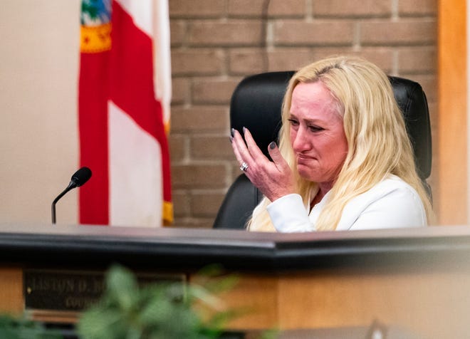 Councilmember Darla Bonk cries after speaking against the memorandum of agreement between ICE and the Fort Myers Police Department during Monday's city council meeting. Read stories : Vote fails to pass | AG to investigate