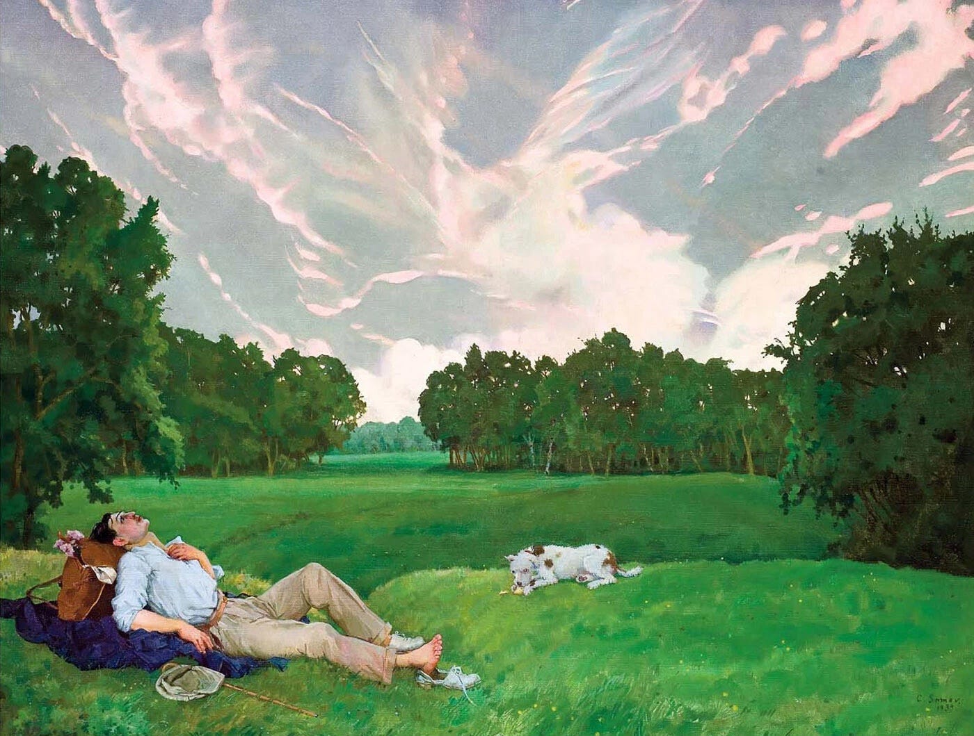 Oil painting of a sunny landscape with lush green grass and leaves, where a man reclines on his back with relief as a small white dog looks on