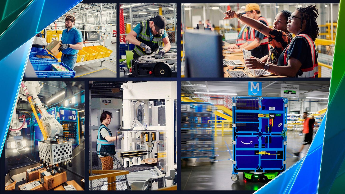 Images of Amazon employees working with robots at an Amazon fulfillment center in Shreveport, Louisiana. Images of Amazon employees working with robots at an Amazon fulfillment center in Shreveport, Louisiana.