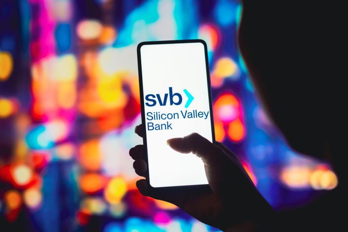 BRAZIL - 2022/07/25: In this photo illustration, the Silicon Valley Bank (SVB) logo is displayed on a smartphone screen. (Photo Illustration by Rafael Henrique/SOPA Images/LightRocket via Getty Images) BRAZIL - 2022/07/25: In this photo illustration, the Silicon Valley Bank (SVB) logo is displayed on a smartphone screen. (Photo Illustration by Rafael Henrique/SOPA Images/LightRocket via Getty Images)