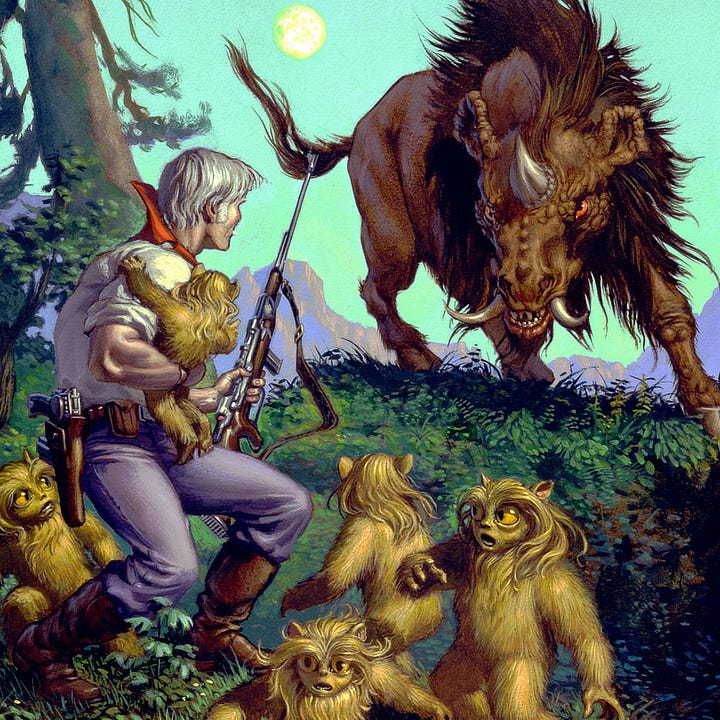 LEFT: Detail from RUN FOR COVER featuring Pappy Jack holding a little fuzzy while staring down a boar-like alien beast with a horn between its eyes and a tusk protruding from each side of its mouth. The sky is aqua blue with two fulls hanging low on either side of the creature. RIGHT: Close detail from RUN FOR COVER featuring the line of Pappy Jack’s eyes meeting the intense orange of the boar-like alien creature. His shirt is white with a high red collar. He wears jeans tucked into boots that ride up over his calves. He has a laser pistol holstered at his waist.