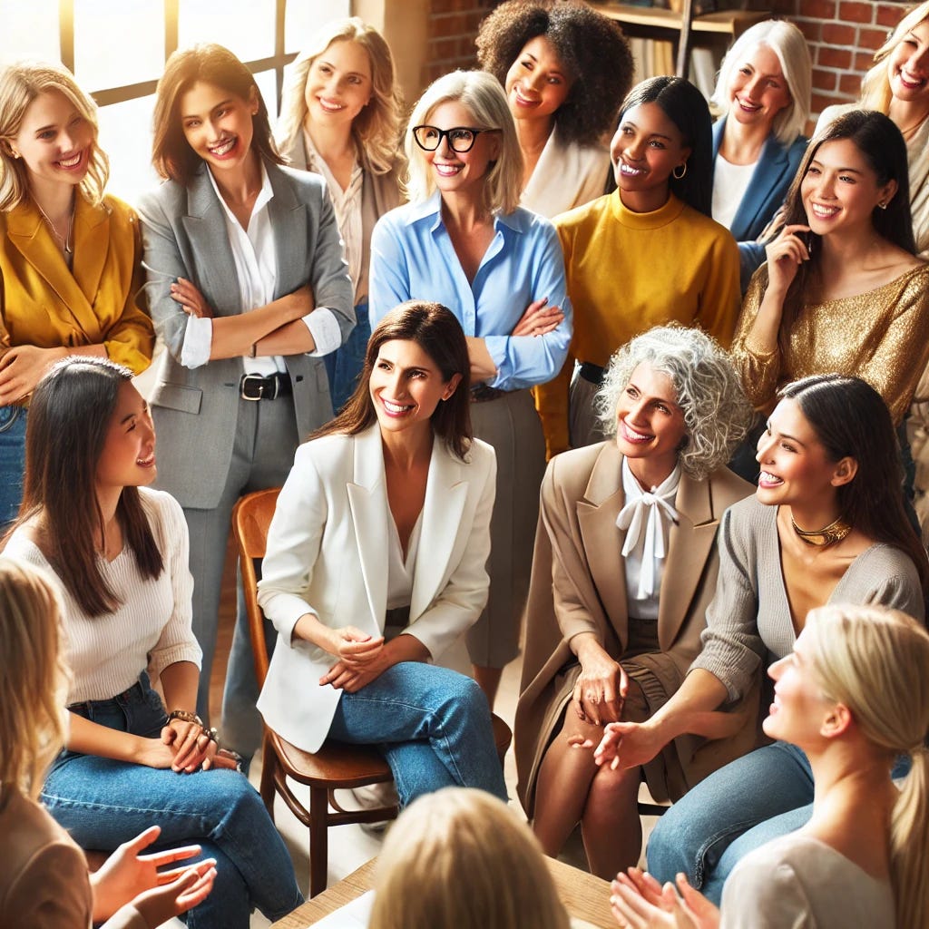 A diverse group of confident, empowered women of different ethnicities, ages, and professions gathered together in a professional, collaborative setting. They are engaged in discussion, brainstorming ideas, or celebrating a milestone, radiating strength, unity, and support. The scene is warm, welcoming, and energetic, symbolizing empowerment, community, and women supporting women. The image should convey positivity, professional growth, and a sense of shared purpose, with a modern and uplifting vibe.