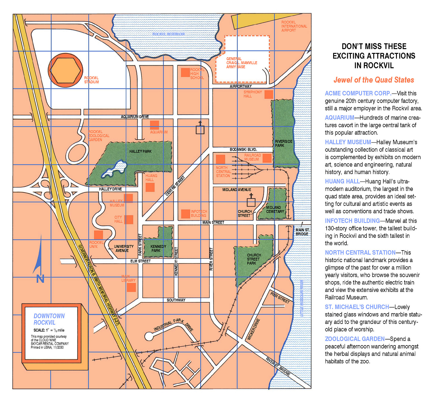 Scan of a detailed map of Rockvil, the explorable city in the game A Mind Forever Voyaging.