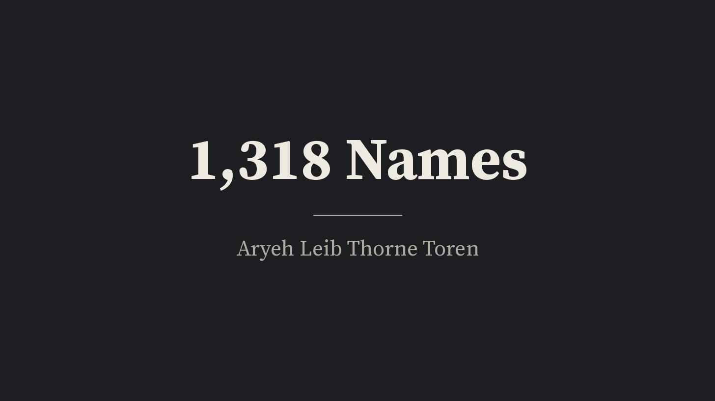 Hero image for the essay "1,318 Names": the title "1,318 Names" in large off-white serif type centred on a plain dark charcoal background, with a thin pale rule beneath it and the byline "Aryeh Leib Thorne Toren" in smaller type below. No photographs, symbols or other text.