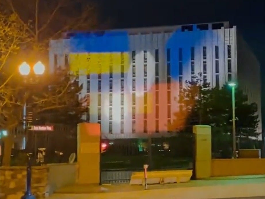 Activists projected a giant Ukrainian flag on Russia's D.C. embassy Wednesday : NPR Activists projected a giant Ukrainian flag on Russia's D.C. embassy Wednesday : NPR
