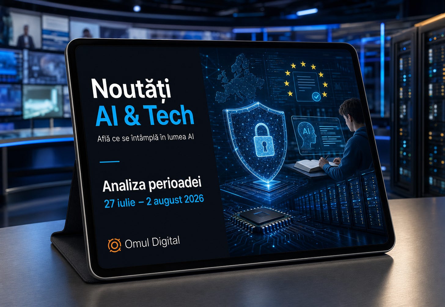 Copertă Noutăți AI & Tech despre securitate cibernetică, educație AI, reglementarea europeană și infrastructura centrelor de date, pentru perioada 27 iulie–2 august 2026. Copertă Noutăți AI & Tech despre securitate cibernetică, educație AI, reglementarea europeană și infrastructura centrelor de date, pentru perioada 27 iulie–2 august 2026.