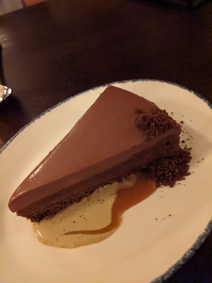 Steak dinner and dessert.