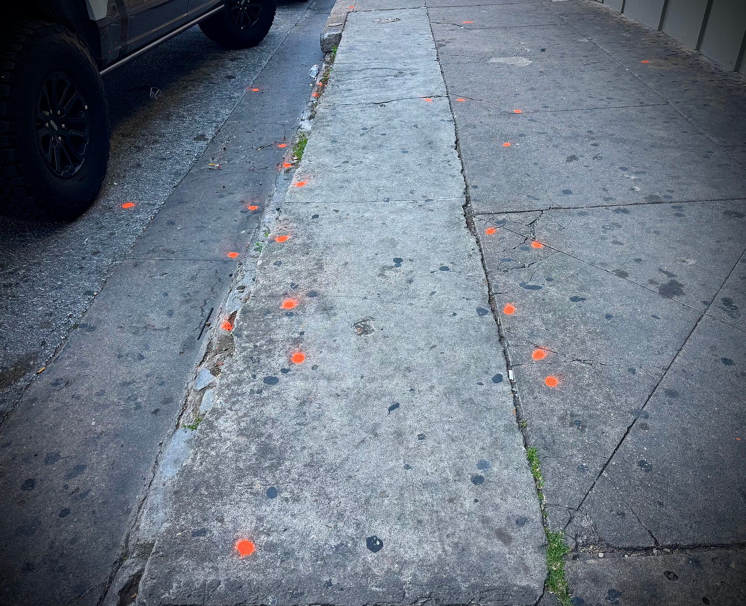 Sidewalk marked with more than a dozen orange spray paint does crime scene dots left behind by forensic investigators Sidewalk marked with more than a dozen orange spray paint does crime scene dots left behind by forensic investigators