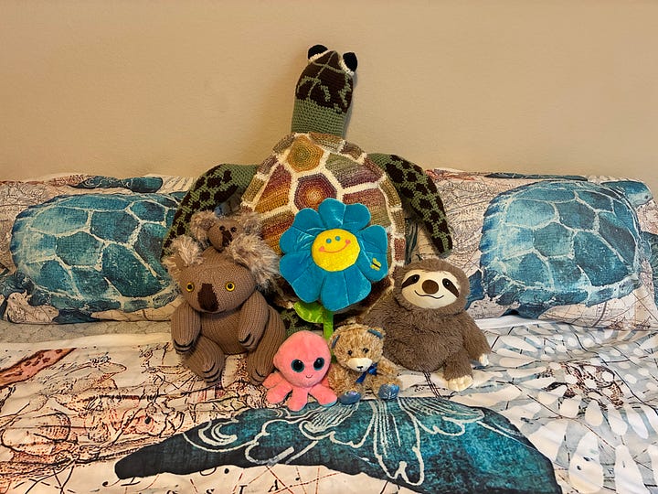 photos of stuffed animals (octopus, bear, koala, sloth, and sea turtle) 