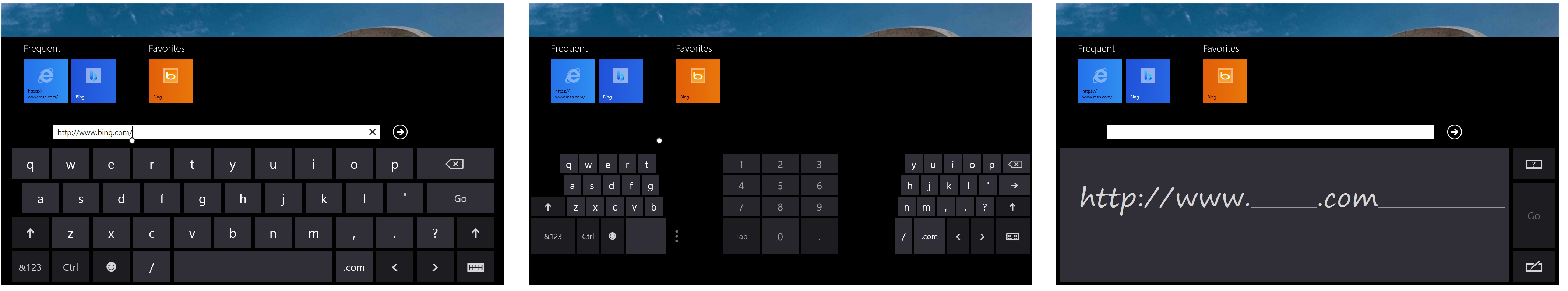 Three of the on-screen keyboards including the standard one, the split screen, and the handwriting/ink. Three of the on-screen keyboards including the standard one, the split screen, and the handwriting/ink.