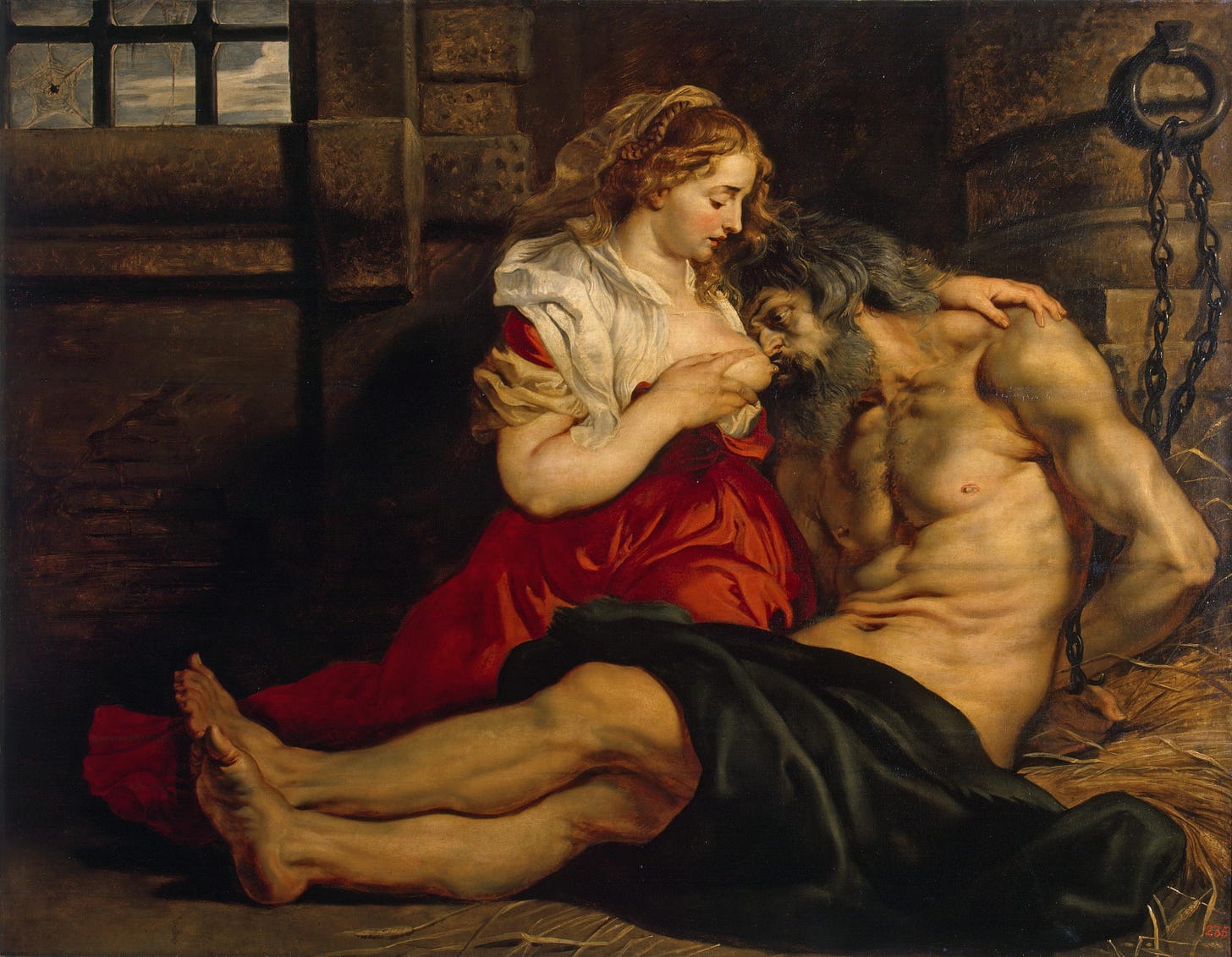 an old man in prison suckling the breast of a woman in red dress