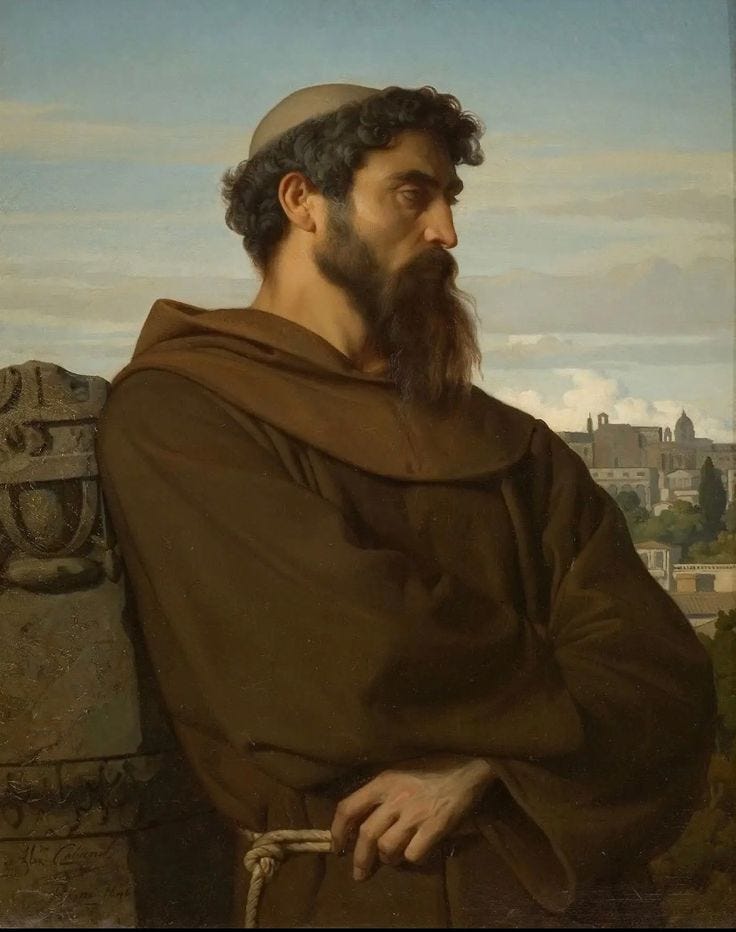 This may contain: a painting of a man with a long beard wearing a brown robe and holding a cane