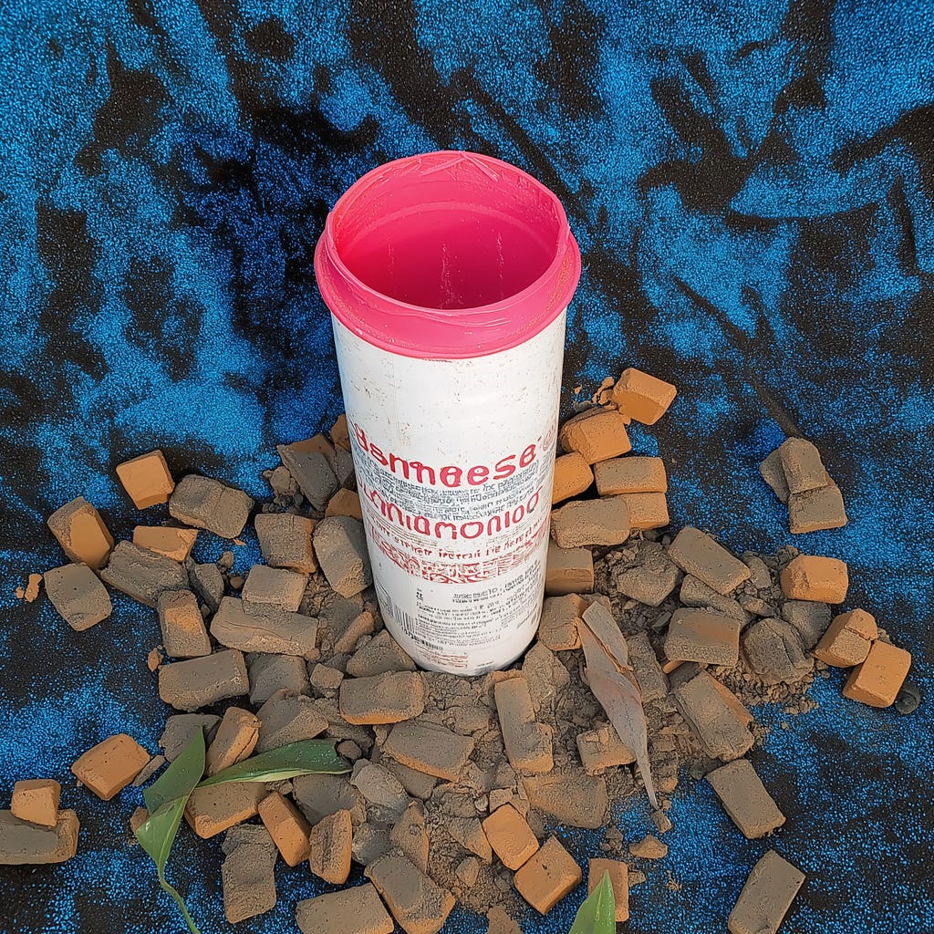 A white container with a pink rim, placed on blue and black textured ground, with small bricks and leaves scattered around it.
