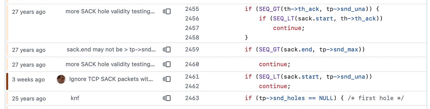 Screenshot of a Git blame view of C source code around line 2455 showing TCP SACK hole validation logic. Code includes checks using SEQ_GT, SEQ_LT macros on fields like th->th_ack, tp->snd_una, sack.start, sack.end, tp->snd_max, and tp->snd_holes. Most commits are from 25–27 years ago with messages like "more SACK hole validity testin..." and "knf", while one recent commit from 3 weeks ago ("Ignore TCP SACK packets wit...") is highlighted with an orange left border, adding a new guard "if (SEQ_LT(sack.start, tp->snd_una)) continue;"
