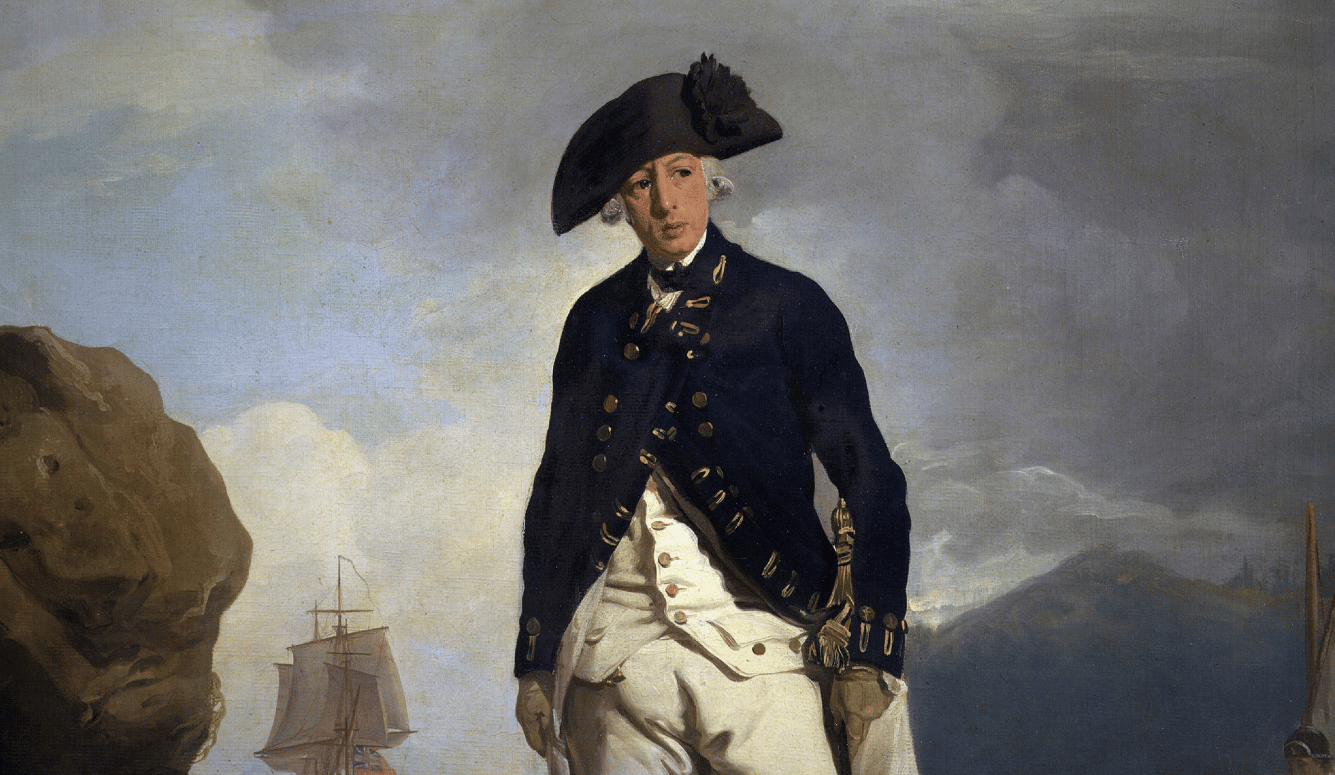 Portrait painting of Arthur Phillip in 18th-century naval dress, standing outdoors with a sailing ship and rocky coastline behind him. Portrait painting of Arthur Phillip in 18th-century naval dress, standing outdoors with a sailing ship and rocky coastline behind him.