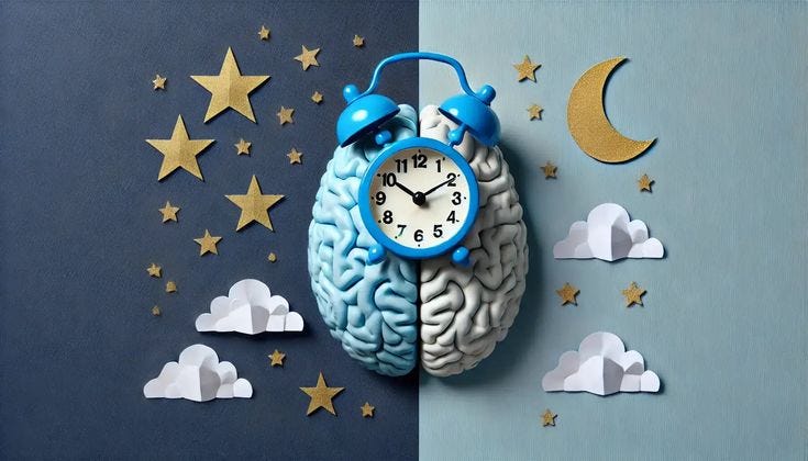 This may contain: a blue clock sitting on top of a brain shaped wall next to stars and clouds