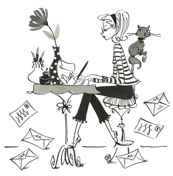This may contain: a drawing of two women sitting at a table with letters flying around them and an envelope in the air
