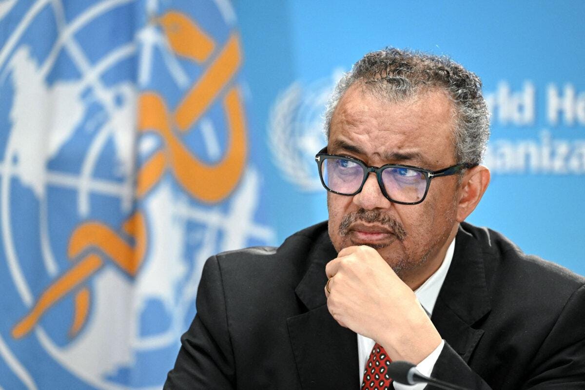 WHO Director-General Tedros Adhanom Ghebreyesus attends a news conference on the World Health Organization's 75th anniversary in Geneva on April 6, 2023. (Fabrice Coffrini/AFP via Getty Images) WHO Director-General Tedros Adhanom Ghebreyesus attends a news conference on the World Health Organization's 75th anniversary in Geneva on April 6, 2023. (Fabrice Coffrini/AFP via Getty Images)