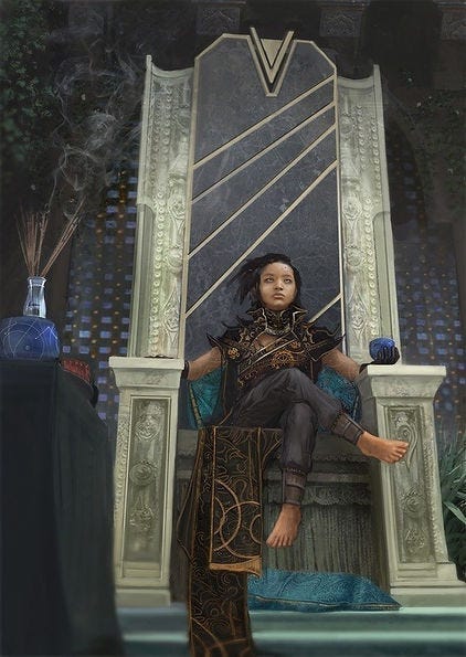 Young person in ornate attire sits on a throne, foot casually resting. Smoky setting, potion bottles nearby. Mysterious and regal mood. Young person in ornate attire sits on a throne, foot casually resting. Smoky setting, potion bottles nearby. Mysterious and regal mood.