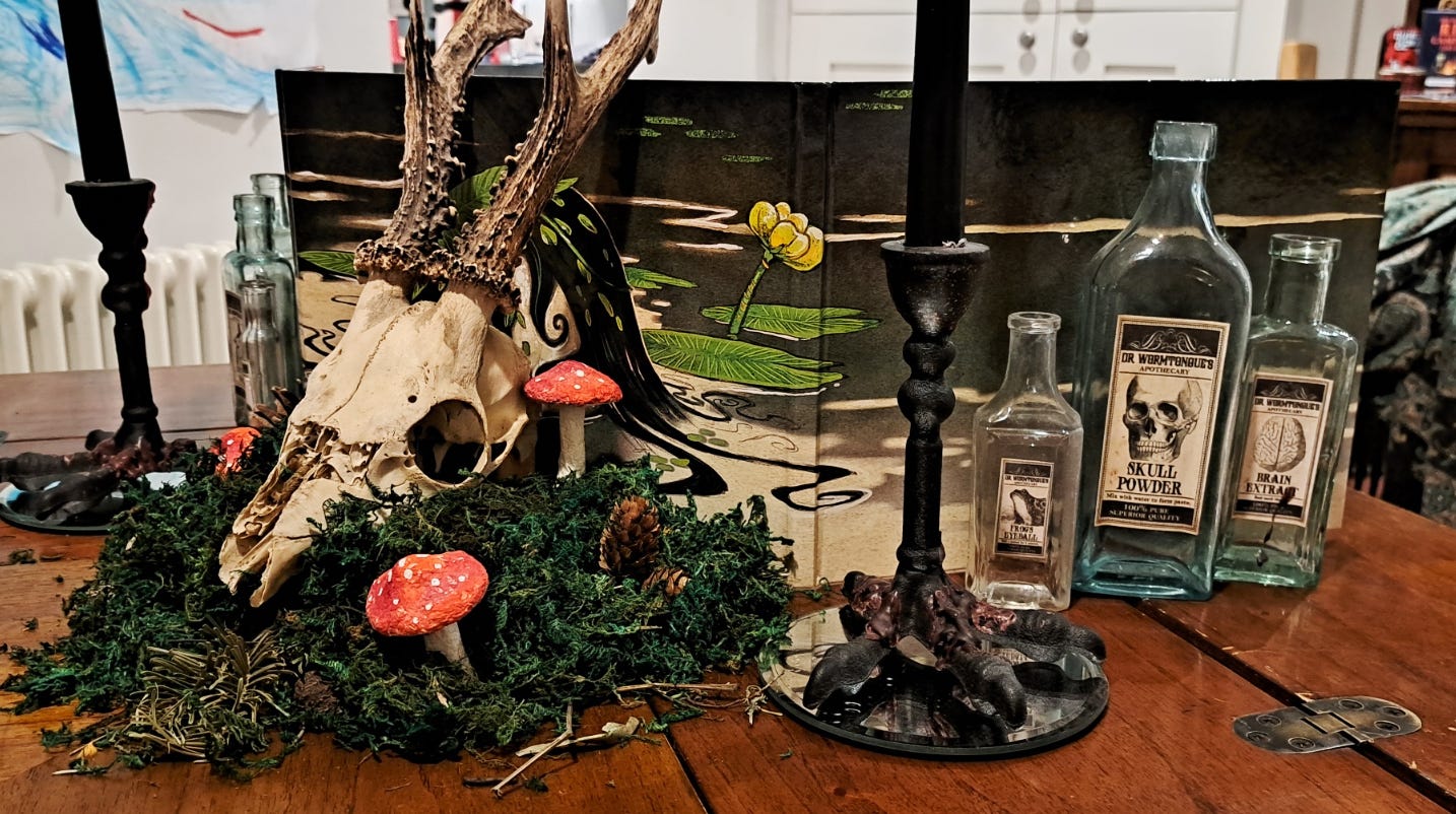 A side view of the set up, with a clearer view of the glass bottles