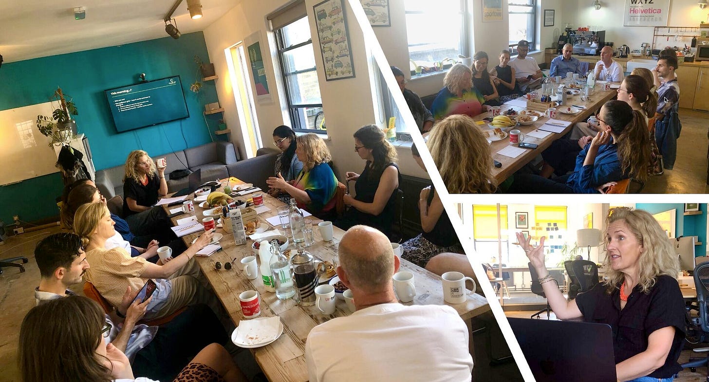 A collage of three photos all of a group of people meeting around a long table with one speaker (Belinda Gannaway) at the top of the table