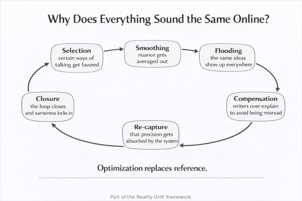 Diagram titled “Why Does Everything Sound the Same Online?” showing a loop where algorithmic selection favors certain styles of expression, nuance gets averaged out through smoothing, ideas flood the network, writers over-explain to compensate, precision is recaptured by the system, and linguistic sameness becomes reinforced.